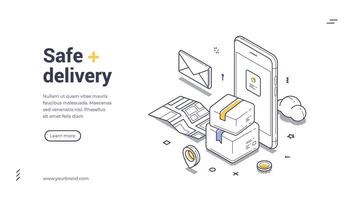 Safe delivery web banner template featuring isometric line art illustration vector