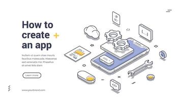 Guide to create an app with isometric design in a web banner template vector