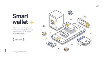 Smart wallet web banner template designed with isometric line art illustration for digital platforms vector