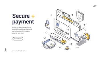 Secure payment web banner template with isometric design and line art illustration vector