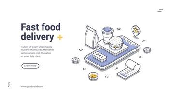 Fast food delivery web banner template featuring isometric design elements and line art vector