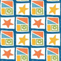 Seamless pattern with bold groovy geometric bizarre shapes, stars in trendy crayon drawing style. Colorful funky bold crayon shapes pattern vector