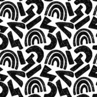 Black seamless pattern with bold groovy geometric bizarre shapes in trendy crayon drawing style. Bold pencil abstract shapes like rainbow, thunder, semicircle forming a pattern vector