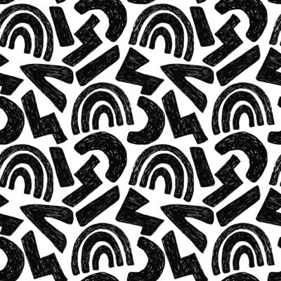 Black seamless pattern with bold groovy geometric bizarre shapes in trendy crayon drawing style. Bold pencil abstract shapes like rainbow, thunder, semicircle forming a pattern