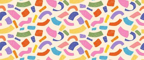 Colorful seamless pattern with bold falling confetti shapes in trendy crayon drawing style. Funky bold crayon party confetti pattern. Drawn manual on paper vector