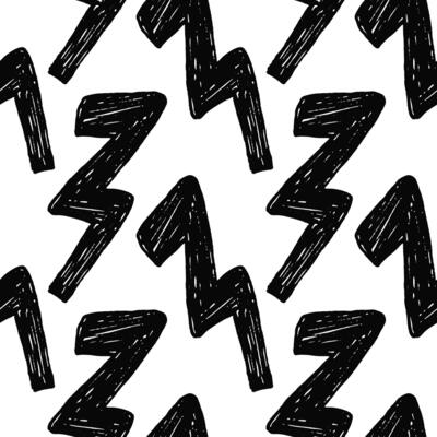 Seamless pattern with bold groovy thunver lightning bolts in trendy crayon drawing style. Funky bold crayon thunder shapes pattern