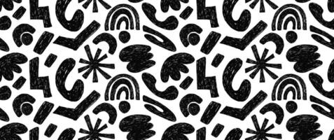 Groovy seamless pattern with bold geometric bizarre shapes in trendy crayon drawing style. Bold pencil abstract shapes forming a pattern. Trendy black and white design vector