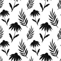Seamless Pattern with Black Eyed Susan Fowers and Leaves in Trendy Pencil, Crayon Drawing Style. Black bold crayon floral pattern. Drawn manual on paper vector
