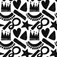 Pencil seamless pattern with bold geometric bizarre shapes in trendy drawing style. Bold crayon abstract shapes forming a pattern. Modern black and white design vector