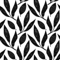 Seamless pattern with bold spring leaves in trendy crayon drawing style. Black bold crayon leaf shapes pattern. Drawn manual on paper vector