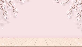 Spring background,Wood table and Cherry blossom on pink background for product presentation,Studio background Pink sakura flower blooming border frame for Easter sale,Backdrop for Mother Day Banner vector