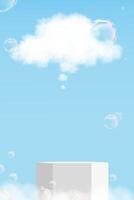 Sky Blue,Cloud,Bubbles Background,White Podium Platform Step,Minimal 3d Display for Summer Cosmetic Product Design, Scene Nature Landscape of Spring Sky with Building wall vector