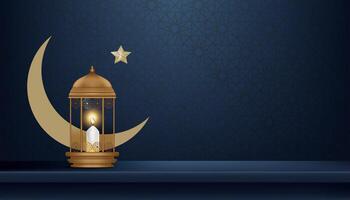 Islamic lantern, crescent moon, star on blue islam pattern background for Ramadan web banner, Studio background for Eid al fitr,Eid Mubarak,Ramada Kareem,Eid al adha,Ramada Kareem greeting card vector
