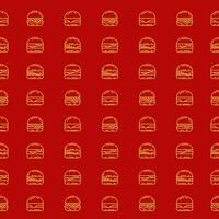Doodle burger seamless pattern on red background. Cheeseburger sketch line art motif. Packaging, food wrapper, backdrop vector