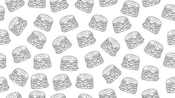 Cheeseburger background. Hamburger seamless pattern. Burger sketch doodle line art motif for packaging, menu, fast food fabric vector
