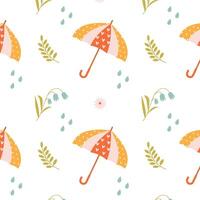 Cute pattern with a funny umbrella, raindrops and spring flowers on a white background vector