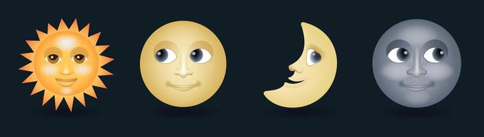 Sun with smiling face and full moon face illustration isolated on dark background vector