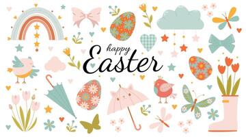 A large set of spring elements for Easter in delicate shades on a white background vector