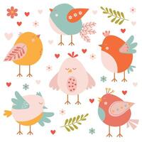Set with various cute birds in a fantasy style on a white background vector