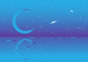 Banner with moon and ocean on violet background with stars in the universe. harmony of soul and body. Surrealistic landscape vector