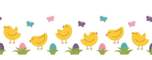 Easter concept background with chickens, Easter eggs and butterflies on white background. vector