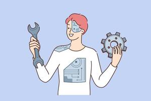 Man cyborg with body parts replaced with computer boards and gears smiles and holds wrench vector
