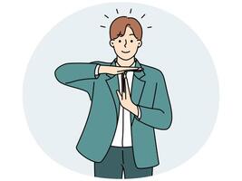 Smiling man show stop hand gesture vector