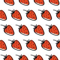 Seamless Hand-Drawn Strawberry Pattern Cute Red Fruit Illustration with Black Outline on White Background for Fabric, Wallpaper, Wrapping Paper, Textile, Digital Art, and Summer-Themed Designs vector