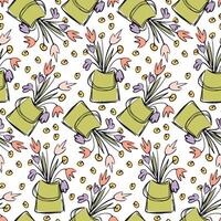 Seamless Spring Floral Pattern with Green Bags and Colorful Flowers Hand-Drawn Nature-Inspired Botanical Design for Fabric, Wrapping, and Decorative Prints vector