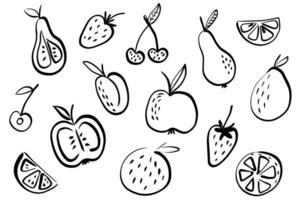 Hand-Drawn Black and White Fruit sketch Minimalist Outline Illustration of Apples, Pears, Cherries, Strawberries, and Citrus for Design, Fabric, Digital Art, and Backgrounds vector