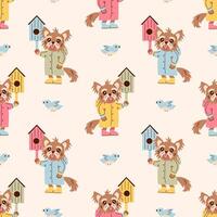 Spring Dog with Birdhouse Seamless Pattern vector