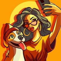 Fancy woman and her dog taking selfie together at golden hour. Female and goofy beagle posing for a picture with a smartphone under sunlight. vector