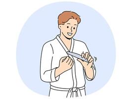 Man uses nail file after shower, performing daily hygiene and SPA procedures to take care of skin vector