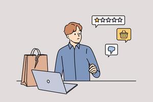 Man critic leaves negative feedback about services received via laptop and websites with ratings vector