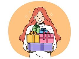 Woman with gift boxes in hands smiles, rejoicing at large number of new year presents from friends vector