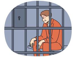 Man criminal sits in prison cell and is sad because unfair court decision or lack right to amnesty vector