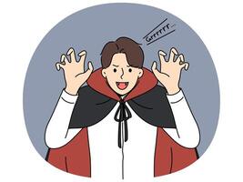 Man in dracula costume for halloween shows nails and fangs, inviting to visit store of scary outfits vector