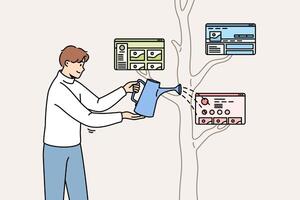 Man watering tree with web windows on branches is engaged in development of electronic ecosystem vector