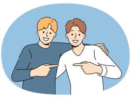 Two men friends hug and point finger towards buddy, rejoicing at long-awaited meeting vector