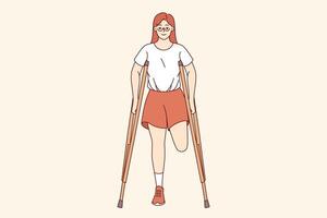 Leg amputation caused by chronic health problems in woman with disabilities using crutches vector