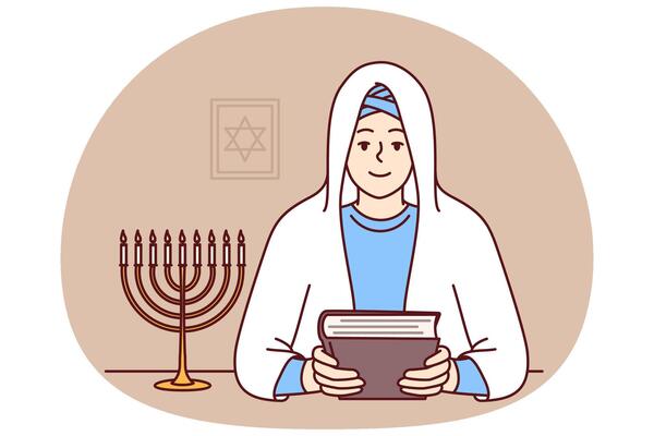 Jewish woman rabbi in white veil, holds torah in hands and sits near image of star of david