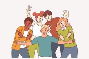 Group of multiracial students pose for group photo showing positive emotions and V gestures vector