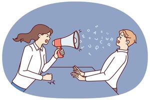Woman boss yells at subordinate through megaphone and gets angry because of refusal to follow order vector