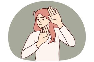 Brave woman makes gesture of refusal, calls not to approach or stop discriminatory actions vector