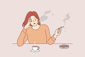 Woman smokes cigarette and drinks hot coffee, sitting at table taking break after difficult work vector