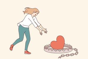 Woman falls into romantic trap when she runs up to mantrap with heart-shaped bait left by Casanova vector