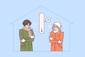 Cold temperature in residential building with shivering couple, freezing due to lack of heating vector