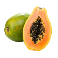 A vibrant ripe papaya cut in half showcasing its seeds and bright orange flesh next to a whole unripe green papaya png