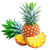 A vibrant whole pineapple with two juicy slices displayed against a soft background png