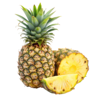 A whole pineapple with a sliced section and a pineapple wedge, fresh and juicy tropical fruit png